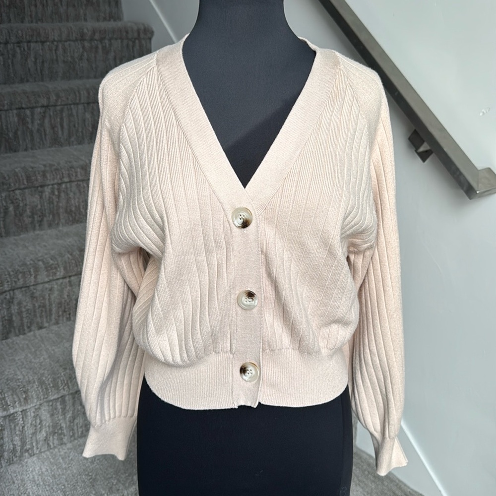 Tan Knit Ribbed Button-Up Cardigan SZ L Worn Twice